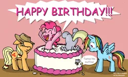 Size: 1280x766 | Tagged: safe, artist:blayaden, derpibooru import, applejack, derpy hooves, pinkie pie, rainbow dash, pegasus, pony, birthday, female, happy birthday, mare, pop out cake, surprise cake