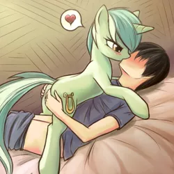 Size: 546x546 | Tagged: suggestive, artist:fajeh, derpibooru import, lyra heartstrings, oc, oc:generic messy hair anime anon, human, pony, unicorn, blushing, butt touch, female, hand, hand on butt, human male, human male on mare, human on pony action, implied sex, kissing, male, mare, straight