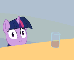 Size: 550x450 | Tagged: safe, artist:furseiseki, derpibooru import, twilight sparkle, pony, unicorn, :>, animated, chocolate milk, everything is ruined, face of evil, face of mercy, female, fuck the police, mare, meme origin, pure unfiltered evil, spill, spilled milk