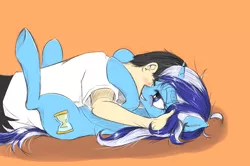 Size: 1008x669 | Tagged: safe, artist:madhotaru, derpibooru import, minuette, human, pony, unicorn, bedroom eyes, blushing, clothes, cuddling, female, grin, hug, human fetish, human on pony action, human on pony snuggling, legs in air, male, mare, on back, smiling, snuggling, underhoof, wink