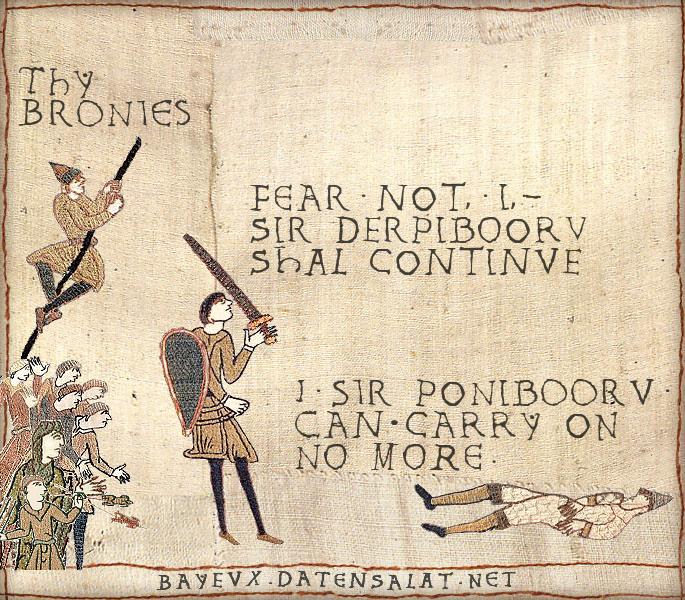 Size: 685x600 | Tagged: bayeux tapestry, bayeux tapestry meme, brony, derpibooru, derpibooru import, human, medieval, meta, ponibooru, safe, text, ytmnd