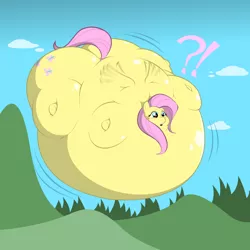 Size: 1200x1200 | Tagged: artist:bapho, balloon, blimp, bloated, derpibooru import, exclamation point, floating, flutterblimp, fluttershy, helium, helium inflation, impossibly large belly, impossibly large butt, inflation, interrobang, oh my, plot, question mark, safe, welp