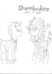 Size: 621x877 | Tagged: artist:huopatossu, clothes, crossover, derpibooru import, dorohedoro, monochrome, noi (dorohedoro), ponified, safe, shin