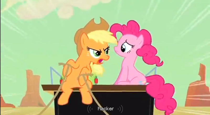 Size: 855x469 | Tagged: applejack, derpibooru import, hax, pinkie pie, safe, screencap, the last roundup, youtube caption