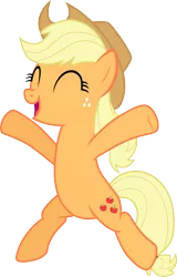 Size: 1065x1660 | Tagged: safe, artist:chipmagnum, derpibooru import, applejack, pony, bipedal, eyes closed, happy, simple background, solo, transparent background, vector