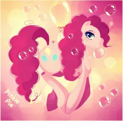 Size: 2400x2360 | Tagged: safe, artist:schwarz-one, derpibooru import, pinkie pie, earth pony, pony, balloon, bow, bubble, female, floating, looking at you, mare, solo, tail bow