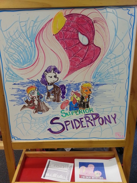 Size: 3264x2448 | Tagged: apple bloom, applejack, cosplay, derpibooru import, fluttershy, irl, lone star comics, marvel, photo, rainbow dash, rarity, safe, sideways photo, spider-man, traditional art, whiteboard