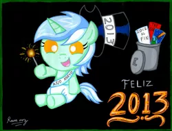 Size: 1404x1072 | Tagged: safe, artist:rammzblood, derpibooru import, lyra heartstrings, pony, unicorn, baby, baby new year, baby pony, diaper, filly, fireworks, hat, new year, sitting, smiling, solo, spanish, sparkler (firework), this will end in death, this will end in tears, this will end in tears and/or death, top hat, trash can, younger