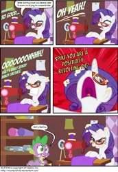 Size: 900x1305 | Tagged: artist:montyrohde, comic, derpibooru import, eclair, food, glasses, rarity, sewing, spike, suggestive