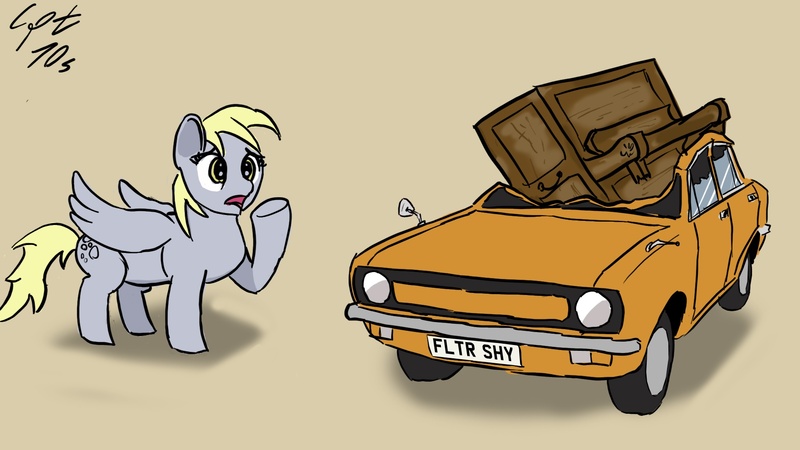 Size: 1920x1080 | Tagged: safe, artist:captain-70s, derpibooru import, derpy hooves, pegasus, pony, female, mare, morris marina, piano, top gear