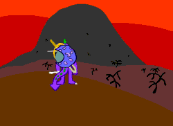 Size: 550x400 | Tagged: animated, artist:streakthefox, derpibooru import, fanfic, older, post-apocalyptic, red sky, safe, shield, spike, sword, tale of the nether drake, tree, wasteland, weapon, wind