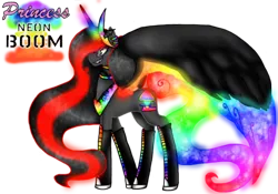 Size: 500x349 | Tagged: safe, artist:nekomellow, derpibooru import, oc, oc:princess neon boom, unofficial characters only, alicorn, original species, pony, alicorn oc, colored horn, colored wings, donut steel, ethereal mane, female, jewelry, mare, multicolored wings, neon, neon pony, rainbow tail, rainbow wings, regalia, simple background, solo, transparent background