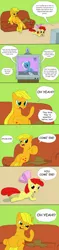 Size: 900x3838 | Tagged: safe, artist:doublewbrothers, derpibooru import, apple bloom, applejack, trixie, earth pony, pony, unicorn, bow, comic, comic sans, couch, cowboy hat, dialogue, discrimination, female, filly, hair bow, hat, mare, mud pony, oh yeah, out of character, simpsons did it, slice of life, television, the simpsons, unicorn master race