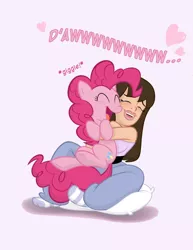 Size: 610x790 | Tagged: artist:dltoon, cropped, cute, derpibooru import, diapinkes, hug, hugging a pony, human, human on pony snuggling, pinkie pie, safe, snuggling