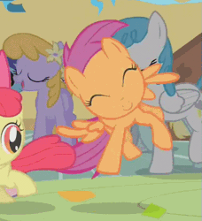 Size: 497x546 | Tagged: safe, derpibooru import, screencap, apple bloom, derpy hooves, drizzle, lightning bolt, minuette, scootaloo, white lightning, pegasus, pony, call of the cutie, animated, barrel roll, cropped, dancing, female, flying, mare, spinning, you spin me right round