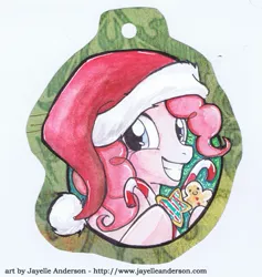 Size: 415x437 | Tagged: safe, artist:jayelle-anderson, derpibooru import, pinkie pie, candy, hat, lowres, ornament, santa hat, solo, traditional art