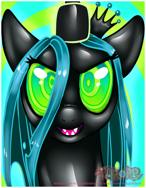 Size: 550x710 | Tagged: artist:farorenightclaw, changeling, crown, derpibooru import, evil grin, eyes, grin, hypnosis, jewelry, kaa eyes, looking at you, mind control, queen chrysalis, regalia, safe, smiling, swirly eyes