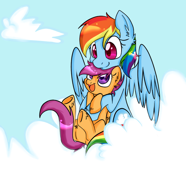 Size: 1000x1000 | Tagged: dead source, safe, artist:sweetypiethefox147, derpibooru import, rainbow dash, scootaloo, pegasus, pony, cloud, cloudy, female, filly, hug, mare, scootalove, sitting, sky