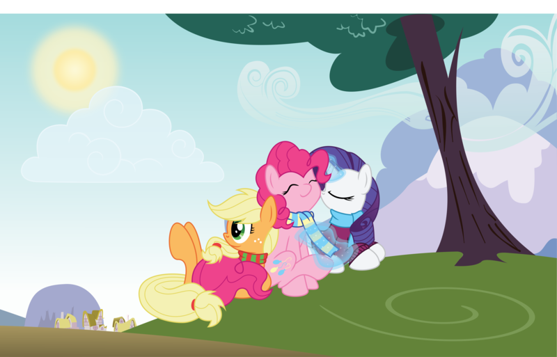 Size: 10424x6685 | Tagged: safe, artist:deihiru, artist:mysteriouskaos, derpibooru import, applejack, pinkie pie, rarity, absurd resolution, clothes, magic, picnic, scarf, sweater, vector