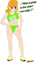 Size: 684x1166 | Tagged: artist:likonan, bikini, breasts, carrot top, clothes, derpibooru import, dialogue, golden harvest, human, humanized, olympics, simple background, sports, suggestive, swimsuit, transparent background