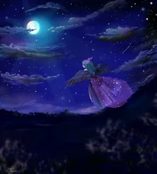 Size: 990x1100 | Tagged: safe, artist:skyeypony, derpibooru import, princess luna, cloud, cloudy, horned humanization, humanized, moon, night, scenery, solo, stars, winged humanization