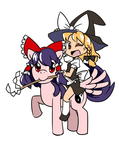 Size: 400x500 | Tagged: derpibooru import, hakurei reimu, kirisame marisa, pixiv, ponified, riding, safe, touhou