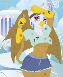 Size: 1040x1280 | Tagged: suggestive, artist:phsuke, derpibooru import, gilda, anthro, gryphon, abs, belly button, breasts, busty gilda, chest fluff, clothes, cloudsdale, curvy, daisy dukes, female, goggles, goggles on head, image, jpeg, mechanic, midriff, muscles, muscular female, oil, shorts, solo, solo female, spread wings, stupid sexy gilda, thighs, thunder thighs, underboob, wide hips, wings, wrench