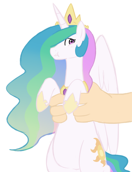 Size: 1076x1404 | Tagged: safe, artist:elslowmo, artist:redintravenous, derpibooru import, princess celestia, human, pony, :t, chubby, cute, cutelestia, hand, holding a pony