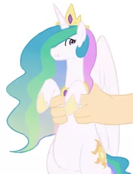 Size: 1076x1404 | Tagged: safe, artist:elslowmo, artist:redintravenous, derpibooru import, princess celestia, human, pony, :t, chubby, cute, cutelestia, hand, holding a pony