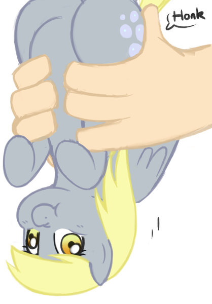 Size: 664x952 | Tagged: safe, artist:elslowmo, artist:redintravenous, derpibooru import, derpy hooves, human, pony, :t, chubby, cute, hand, holding a pony, honk, nose wrinkle, plot, smiling, upside down