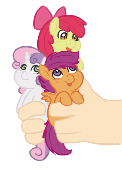 Size: 664x952 | Tagged: safe, artist:elslowmo, artist:redintravenous, derpibooru import, apple bloom, scootaloo, sweetie belle, human, pony, chubby, cute, cutie mark crusaders, hand, holding a pony, tiny ponies