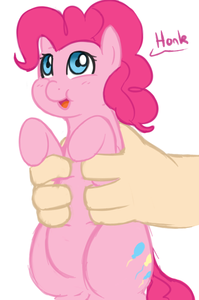 Size: 664x1000 | Tagged: safe, artist:elslowmo, artist:redintravenous, derpibooru import, pinkie pie, human, pony, chubby, cute, hand, holding a pony, honk