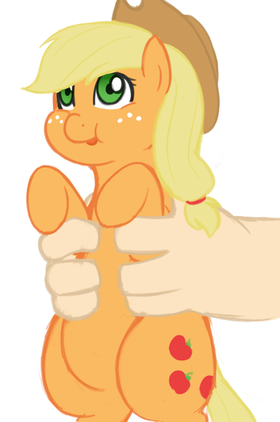 Size: 664x1000 | Tagged: safe, artist:elslowmo, artist:redintravenous, derpibooru import, applejack, human, pony, chubby, cute, hand, holding a pony