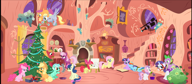 Size: 4800x2100 | Tagged: safe, artist:stinkehund, derpibooru import, apple bloom, applejack, big macintosh, bon bon, cheerilee, derpy hooves, fluttershy, lyra heartstrings, pinkie pie, rainbow dash, rarity, scootaloo, spike, sweetie belle, sweetie drops, twilight sparkle, dragon, earth pony, pegasus, pony, applepie, bridle, cheerimac, christmas tree, collar, cutie mark crusaders, dragons riding ponies, female, filly, flutterbloom, golden oaks library, holly, holly mistaken for mistletoe, leash, lesbian, levitation, library, lyrabon, magic, male, mane seven, mane six, mare, riding, rope, saddle, scootaloo can't fly, shipping, sparity, stallion, straight, telekinesis, tree, twidash, vector