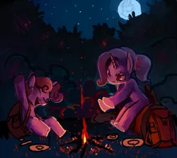 Size: 740x661 | Tagged: safe, artist:derekireba, derpibooru import, rarity, sweetie belle, pony, unicorn, backpack, campfire, camping, duo, female, filly, full moon, mare, moon, night, outdoors, pixiv, siblings, sisters, sitting