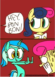 Size: 610x859 | Tagged: safe, artist:mushroomcookiebear, derpibooru import, bon bon, lyra heartstrings, sweetie drops, bon bon is not amused, comic, female, hand, lesbian, lyrabon, middle finger, shipping, vulgar