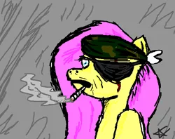 Size: 682x539 | Tagged: artist needed, cigarette, derpibooru import, eyepatch, fluttershy, ms paint, safe, solid shy