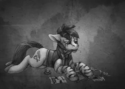 Size: 1410x1007 | Tagged: artist:aisu-isme, creepy ponies, derpibooru import, grayscale, grimdark, injured, monochrome, oc, oc:scarlet ink, solo, unofficial characters only