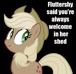 Size: 619x600 | Tagged: applejack, derpibooru import, discorded, hotdiggedydemon, image macro, liar face, liarjack, .mov, pony.mov, safe, shed.mov