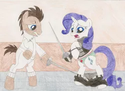 Size: 1841x1338 | Tagged: artist:wjmmovieman, assisted exposure, clothes, derpibooru import, dexterous hooves, doctor whooves, embarrassed, fencing, frilly underwear, panties, rarity, striped underwear, suggestive, time turner, traditional art, underwear, undressing, wardrobe malfunction