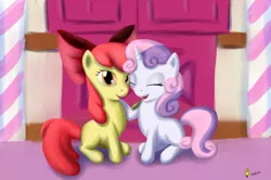 Size: 900x599 | Tagged: safe, artist:btbunny, derpibooru import, apple bloom, sweetie belle, earth pony, pony, unicorn, eyes closed, female, filly, smiling