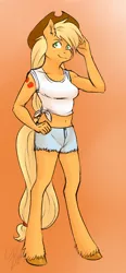 Size: 424x916 | Tagged: anthro, applejack, artist:cartoonlion, commission, dead source, derpibooru import, hooves, safe, unguligrade anthro, unshorn fetlocks