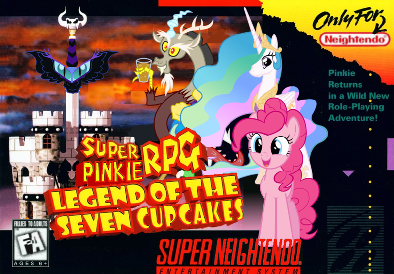 Size: 900x625 | Tagged: artist:nickyv917, box art, cover, crossover, derpibooru import, discord, nightmare moon, nintendo, parody, pinkie pie, princess celestia, safe, super mario rpg, super nintendo, video game