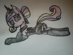 Size: 640x480 | Tagged: artist needed, suggestive, derpibooru import, princess cadance, pony, unicorn, 30 minute art challenge, alternate hairstyle, bedroom eyes, clothes, collar, corset, evening gloves, female, garters, gloves, hair bun, image, jpeg, latex, latex gloves, long gloves, lying down, mare, side view, smiling, solo, solo female, stockings, thigh highs, wingless