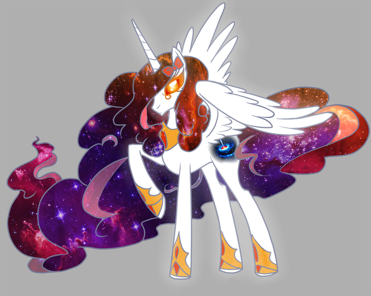 Size: 900x720 | Tagged: safe, artist:celestialess, derpibooru import, oc, unofficial characters only, alicorn, pony, alicorn oc, bow, galaxy, galaxy mane, glowing eyes, quasar sunder, ribbon