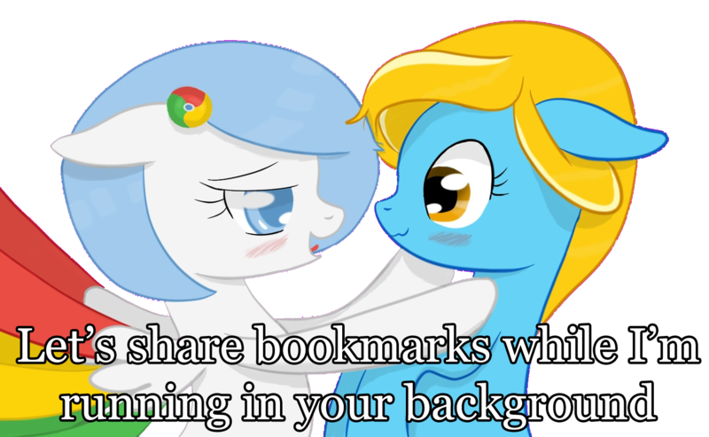 Size: 1504x926 | Tagged: safe, artist:xeirox, derpibooru import, edit, oc, oc:google chrome, oc:internet explorer, unofficial characters only, earth pony, pegasus, pony, blushing, browser ponies, caption, exploitable meme, female, google chrome, interchrome, interchrome meme, internet browser, internet explorer, lesbian, lesbian pony internet browsers, looking at each other, mare, oc x oc, shipping