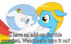 Size: 1504x926 | Tagged: suggestive, artist:xeirox, derpibooru import, edit, oc, oc:google chrome, oc:internet explorer, unofficial characters only, earth pony, pegasus, pony, blushing, browser ponies, caption, exploitable meme, female, google chrome, interchrome, interchrome meme, internet browser, internet explorer, lesbian, lesbian pony internet browsers, looking at each other, mare, oc x oc, shipping