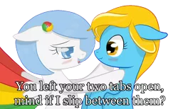 Size: 1504x926 | Tagged: suggestive, artist:xeirox, derpibooru import, edit, oc, oc:google chrome, oc:internet explorer, unofficial characters only, earth pony, pegasus, pony, blushing, browser ponies, caption, exploitable meme, female, google chrome, interchrome, interchrome meme, internet browser, internet explorer, lesbian, lesbian pony internet browsers, looking at each other, mare, oc x oc, shipping