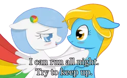 Size: 1504x926 | Tagged: safe, artist:xeirox, derpibooru import, edit, oc, oc:google chrome, oc:internet explorer, unofficial characters only, earth pony, pegasus, pony, blushing, browser ponies, caption, exploitable meme, female, google chrome, interchrome, interchrome meme, internet browser, internet explorer, lesbian, lesbian pony internet browsers, looking at each other, mare, oc x oc, shipping