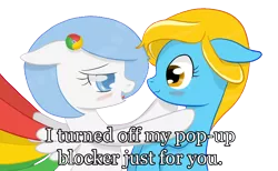 Size: 1504x926 | Tagged: suggestive, artist:xeirox, derpibooru import, edit, oc, oc:google chrome, oc:internet explorer, unofficial characters only, earth pony, pegasus, pony, blushing, browser ponies, caption, exploitable meme, female, google chrome, interchrome, interchrome meme, internet browser, internet explorer, lesbian, lesbian pony internet browsers, looking at each other, mare, oc x oc, shipping